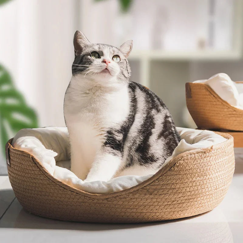 Handwoven Bamboo Pet Basket Bed with Cushion