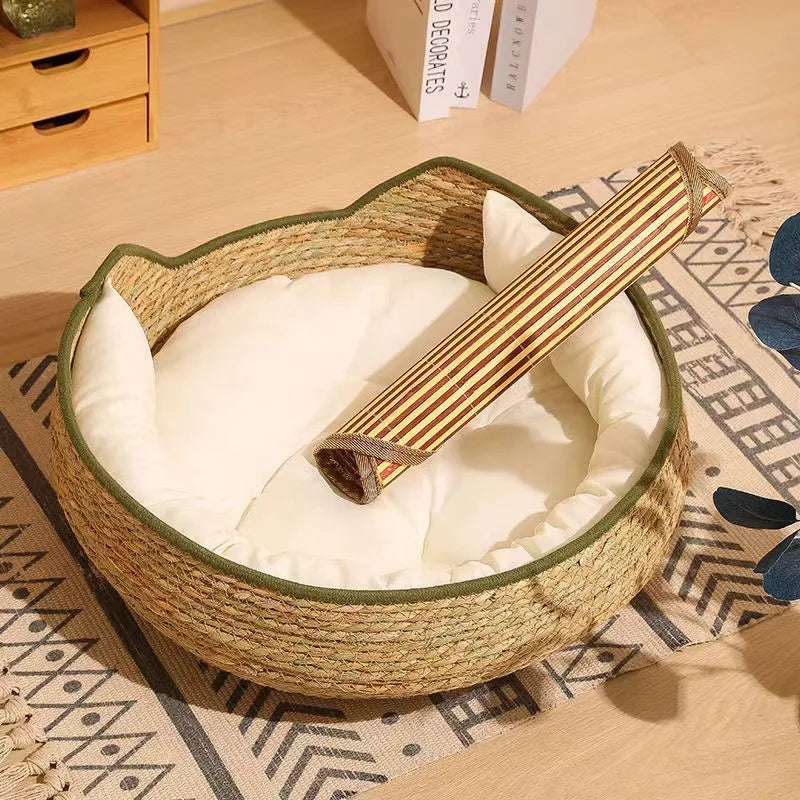 Handwoven Cattail Straw Cat Nest Bed