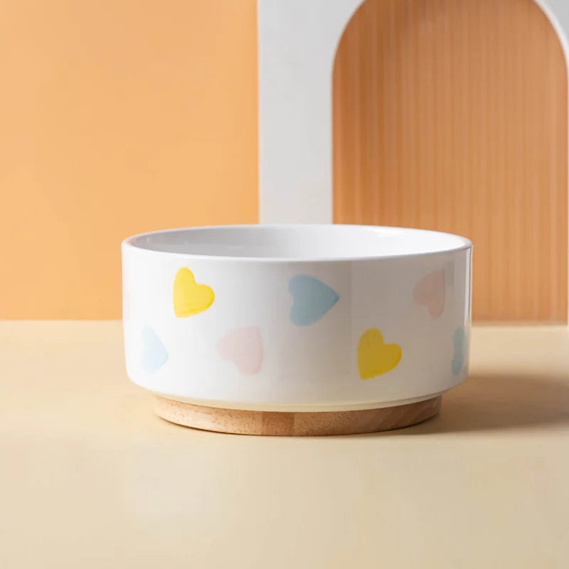 Ceramic Cat Bowl with Wooden Stand