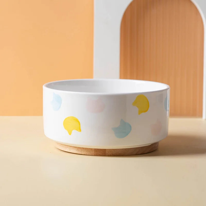 Ceramic Cat Bowl with Wooden Stand
