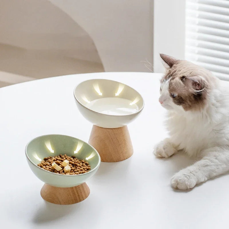 Tilted Ceramic Cat Bowl with Wooden Stand