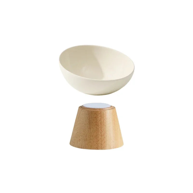 Tilted Ceramic Cat Bowl with Wooden Stand