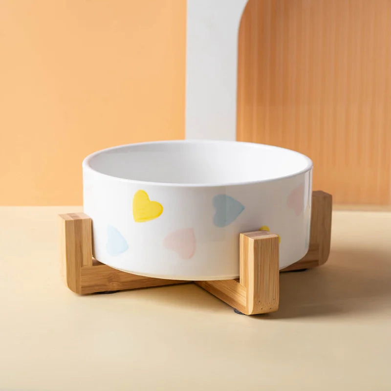 Ceramic Cat Bowl with Wooden Stand