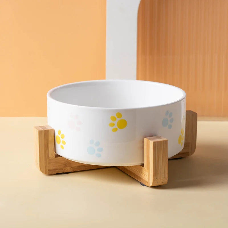 Ceramic Cat Bowl with Wooden Stand