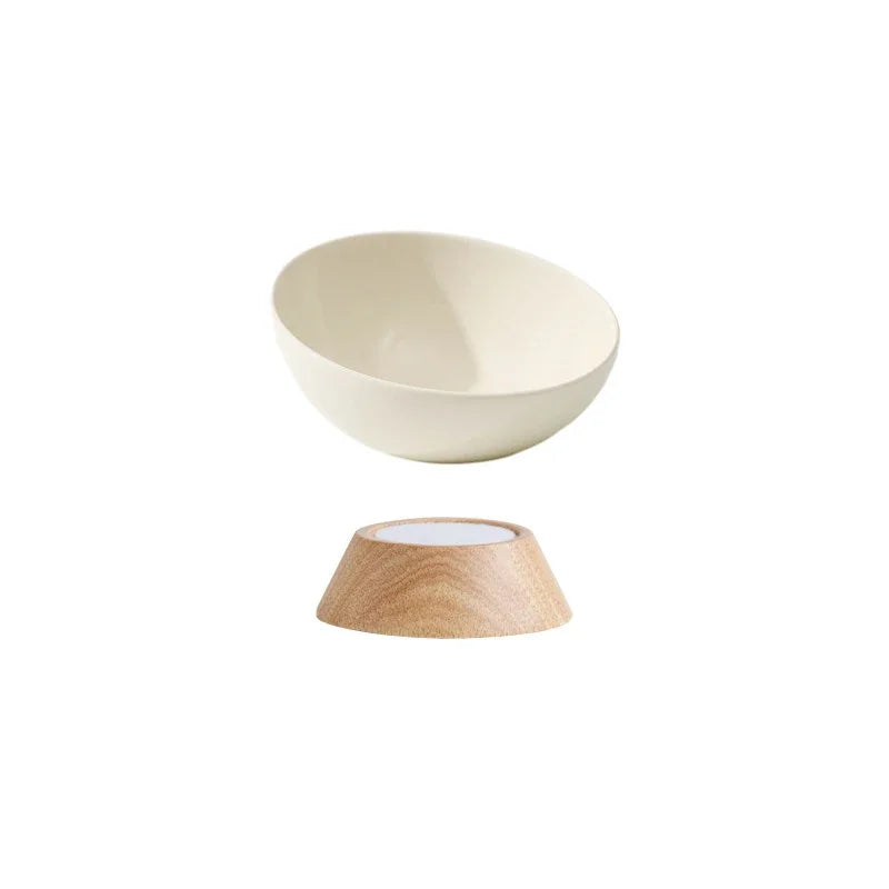Tilted Ceramic Cat Bowl with Wooden Stand