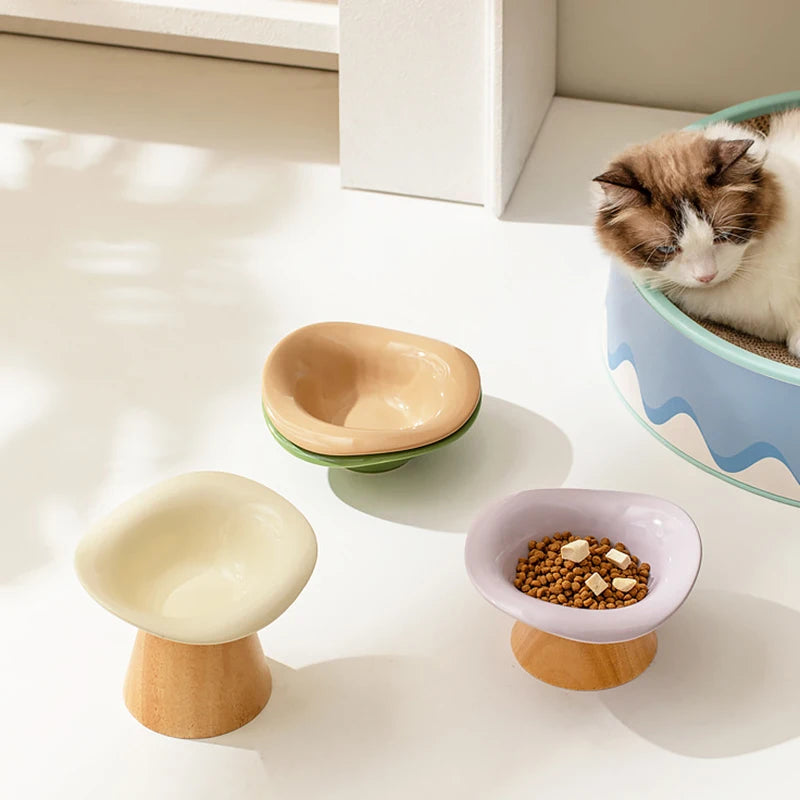 Raised Tilted Cat Bowl with Wooden Stand
