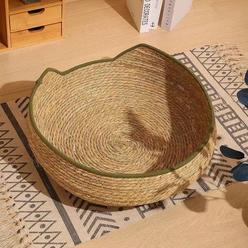 Handwoven Cattail Straw Cat Nest Bed