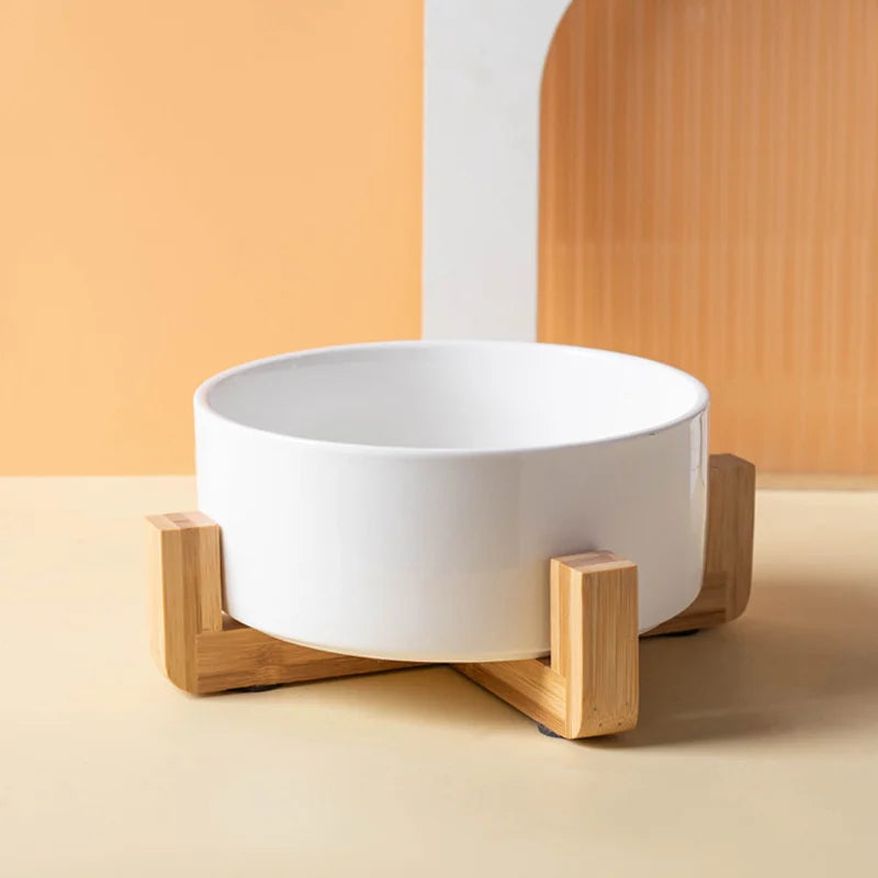 Ceramic Cat Bowl with Wooden Stand
