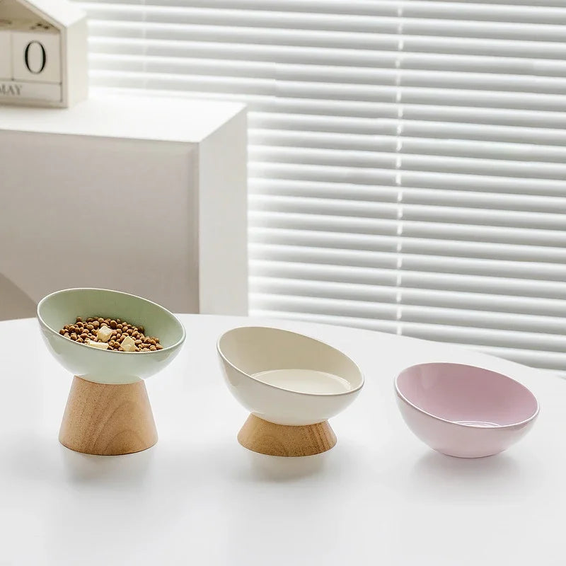 Tilted Ceramic Cat Bowl with Wooden Stand
