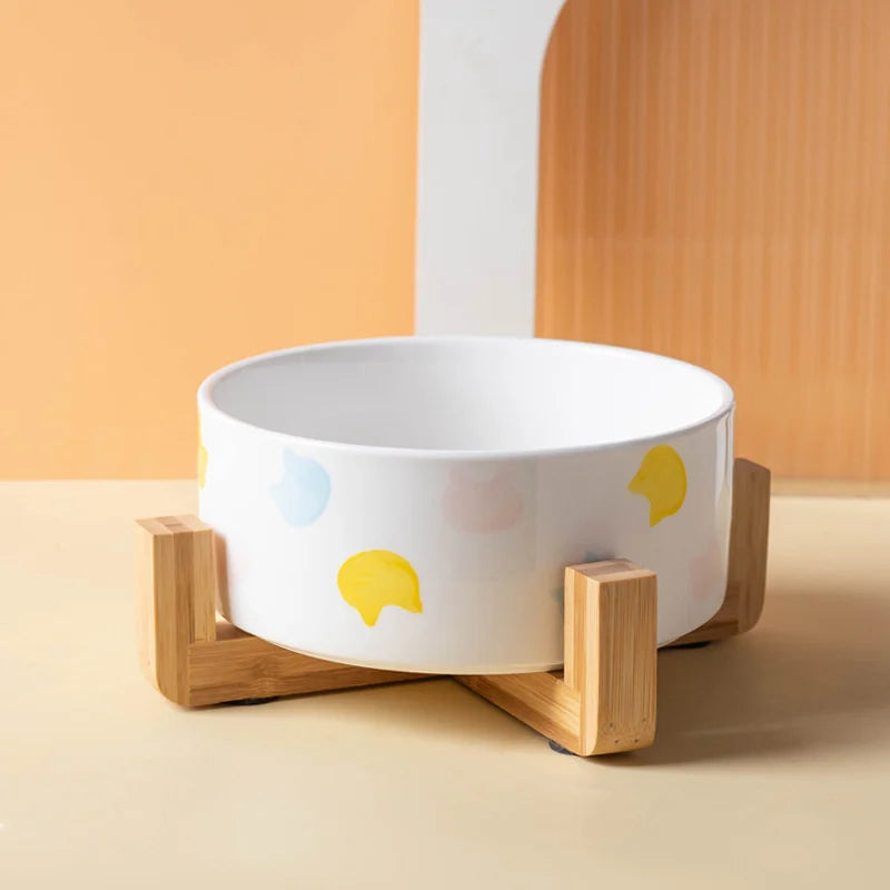 Ceramic Cat Bowl with Wooden Stand