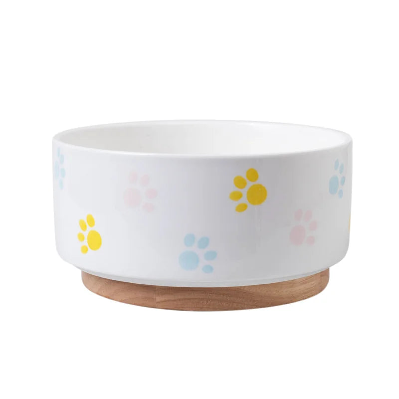 Ceramic Cat Bowl with Wooden Stand