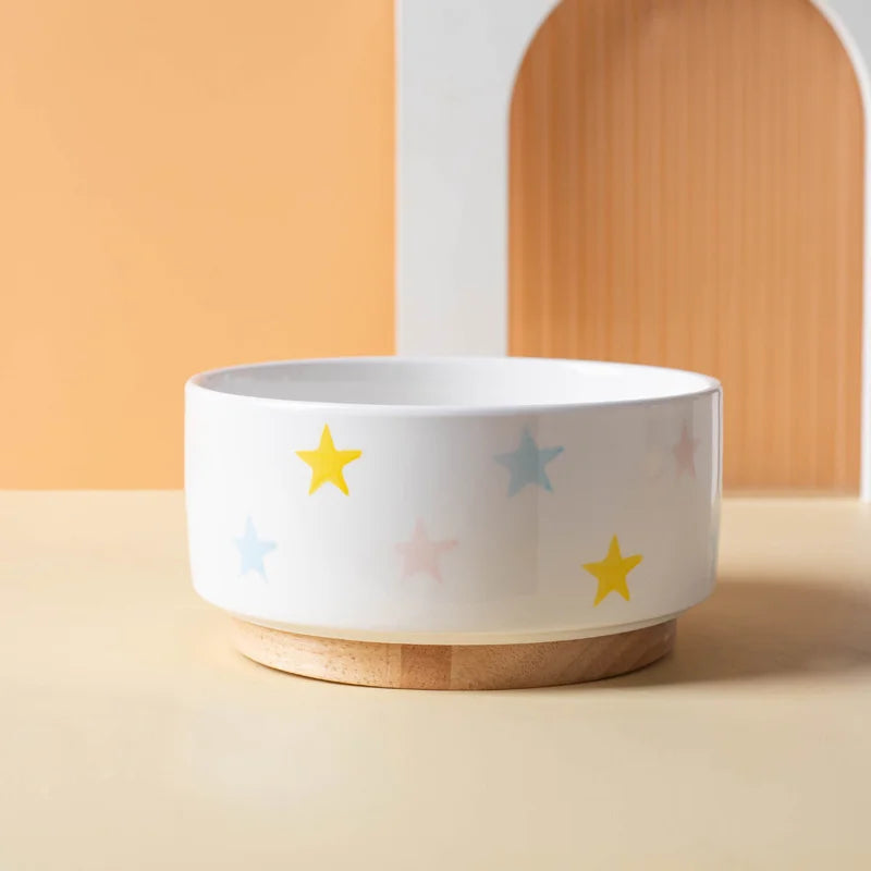 Ceramic Cat Bowl with Wooden Stand