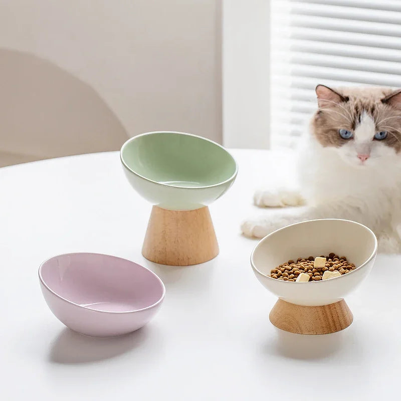 Tilted Ceramic Cat Bowl with Wooden Stand