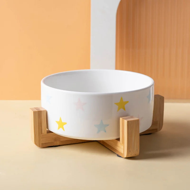 Ceramic Cat Bowl with Wooden Stand
