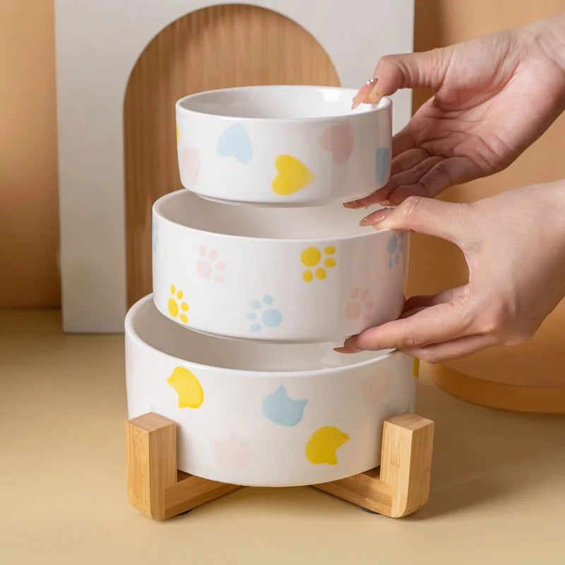 Ceramic Cat Bowl with Wooden Stand