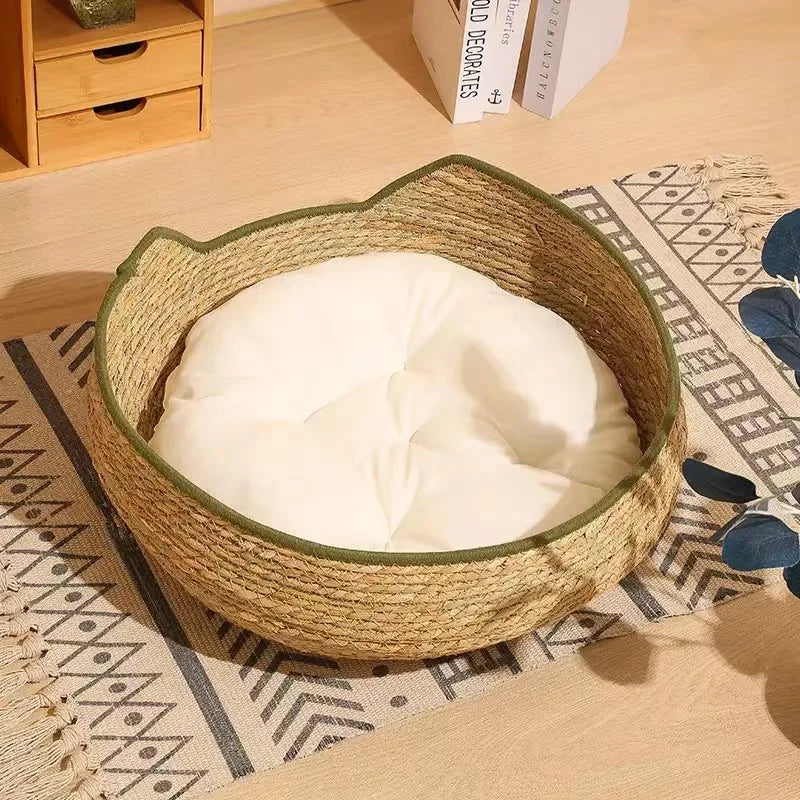 Handwoven Cattail Straw Cat Nest Bed