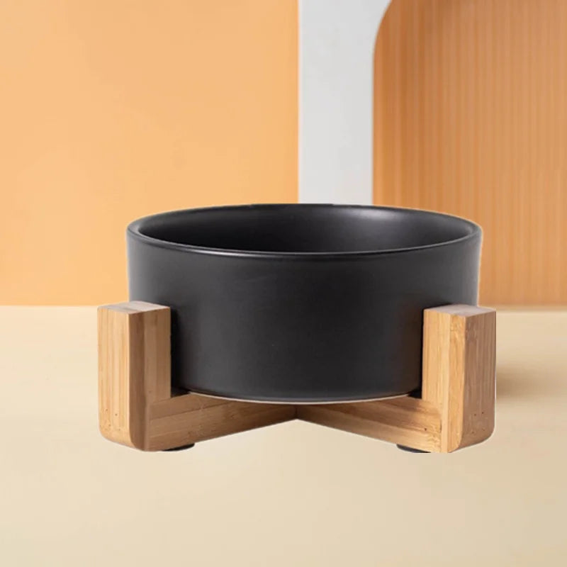 Ceramic Cat Bowl with Wooden Stand
