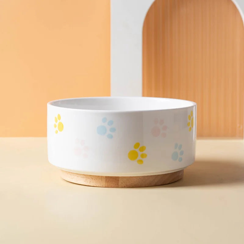 Ceramic Cat Bowl with Wooden Stand