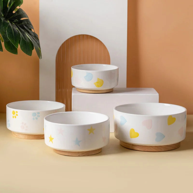 Ceramic Cat Bowl with Wooden Stand