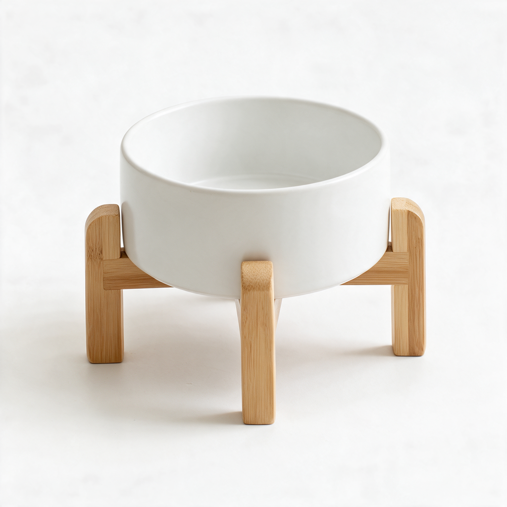Elevated ceramic dog bowl with wooden stand