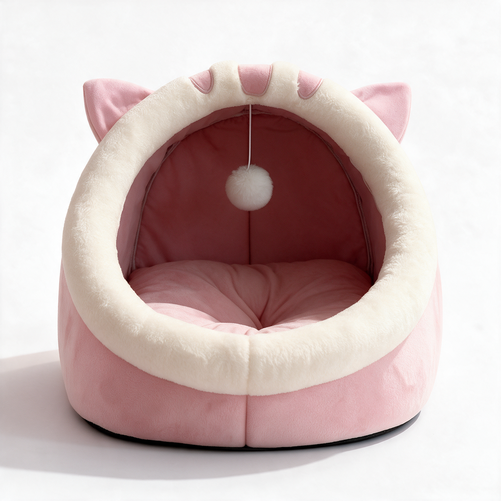 Cozy cave plush cat bed - Pink