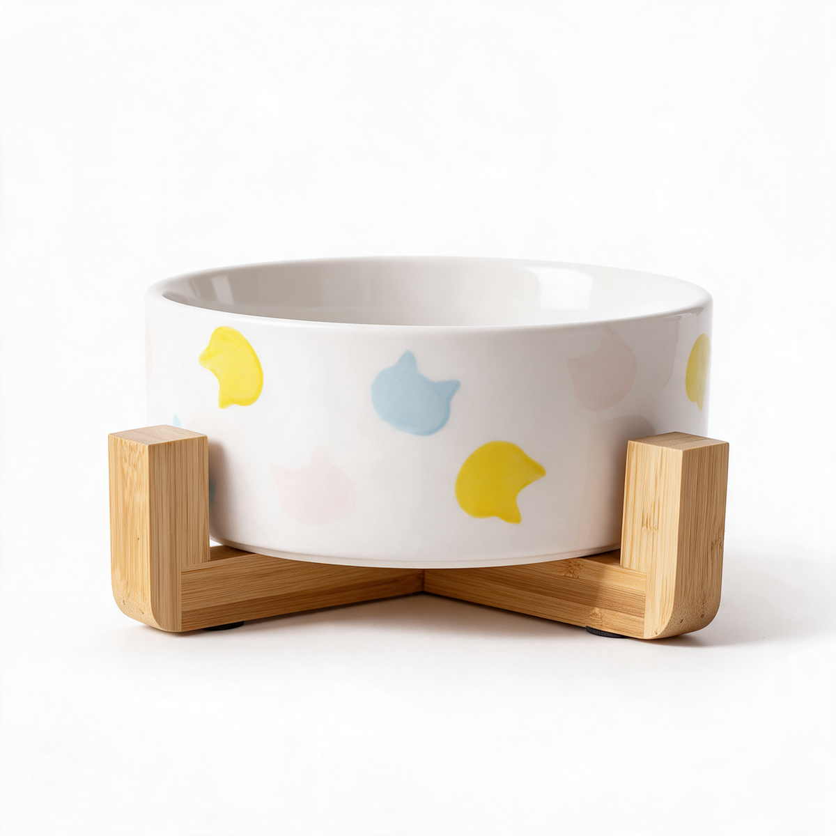 Ceramic cat bowl with wooden stand
