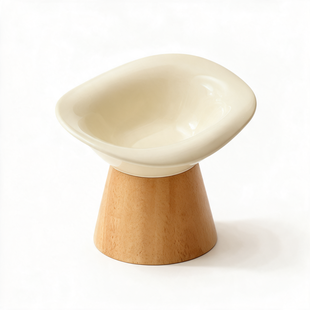 Raised tilted cat bowl with wooden stand