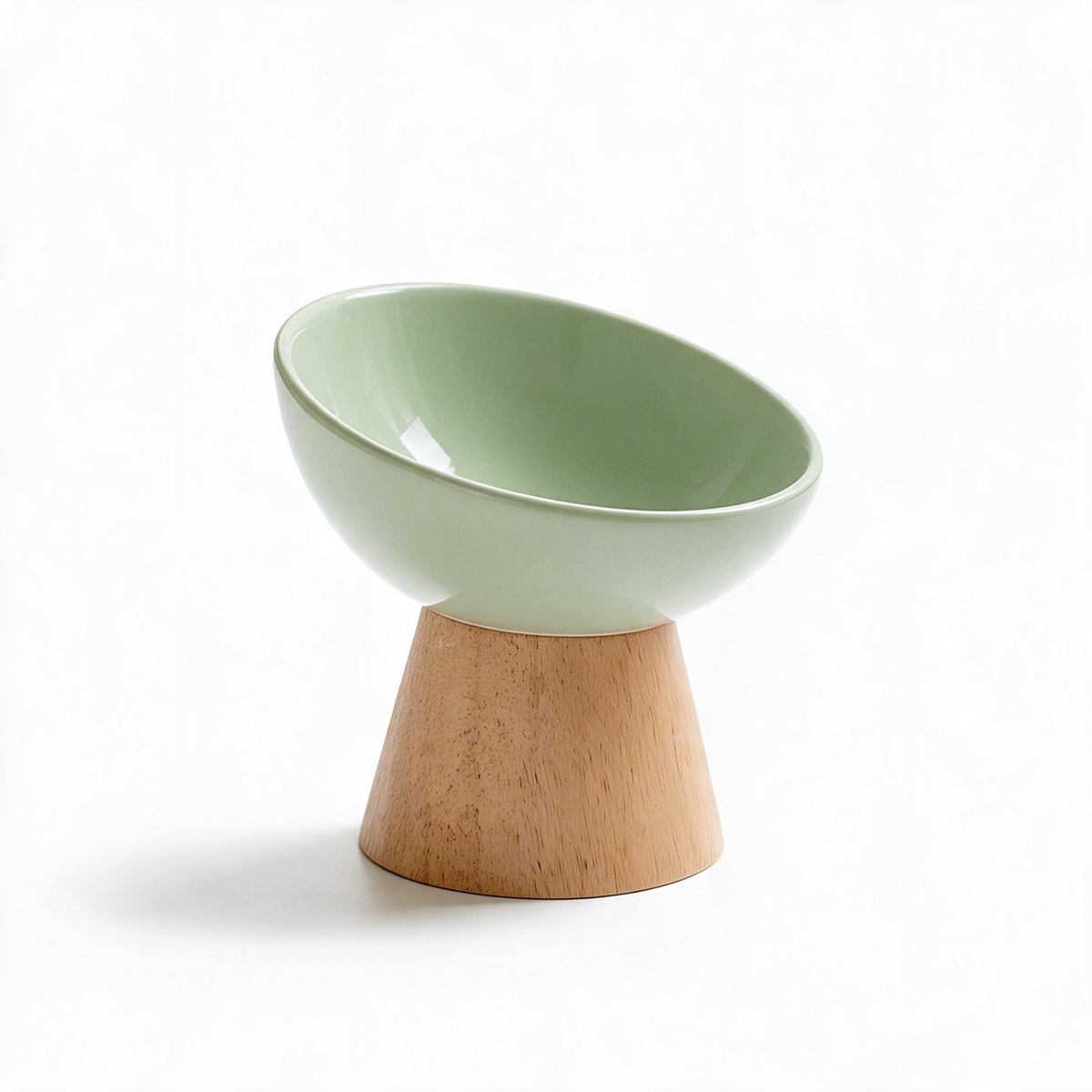 Tilted ceramic cat bowl with wooden stand